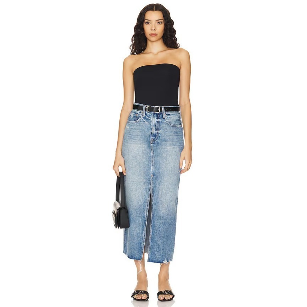 Pistola Alice Denim Maxi Skirt Distressed Raw Hem Front High Slit Cotton Size 27 - Picture 5 of 15
